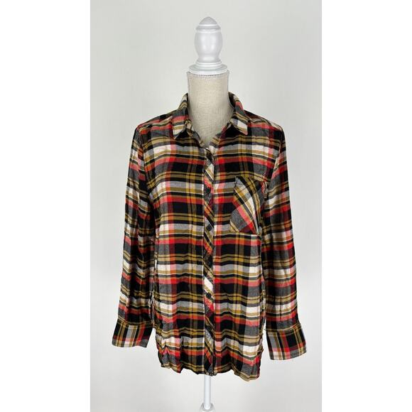 Casa Cabana Womens Wendy Mustard Greens Plaid Button Up Shirt Size Large NWT - Picture 1 of 12